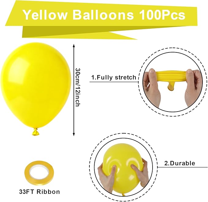 Patimate Yellow Balloons 100 Pack 12 inch Round Yellow Latex Party Balloons for Birthday Graduation Baby Shower Wedding Sunflower Bee Hawaiian Beach Lemon Theme Party Decorations Arch Garland