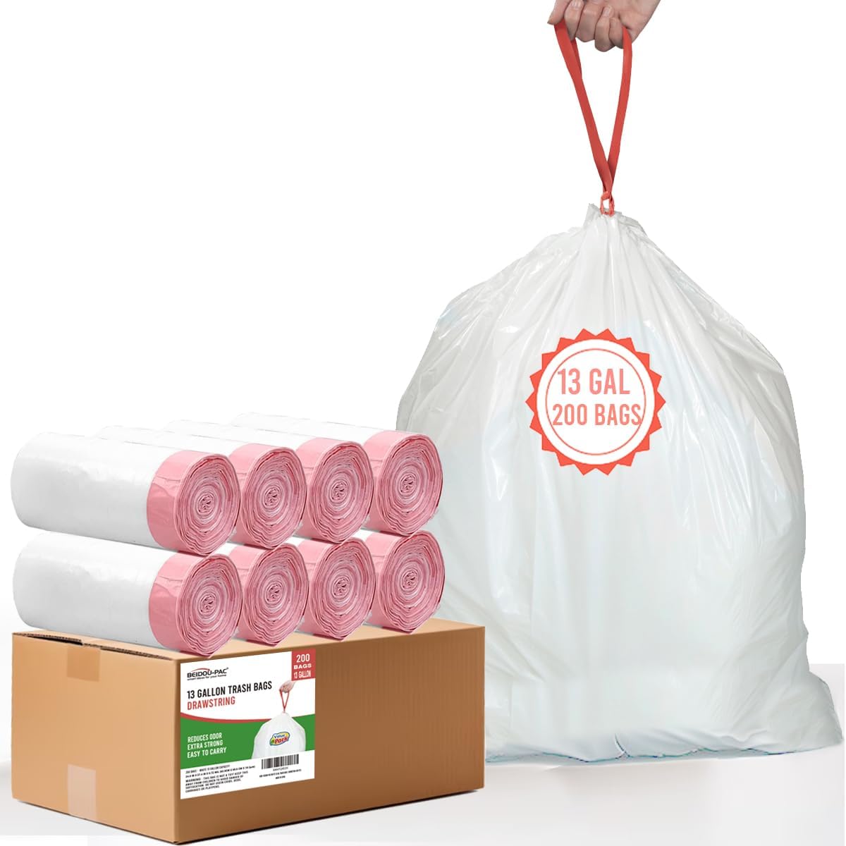 13 Gallon Trash Bags Drawstring, 200 Count, White & Unscented Garbage Bags, Multi-purpose Tall Kitchen Trash Bags Can Liners for Business Home Commercial and Industrial