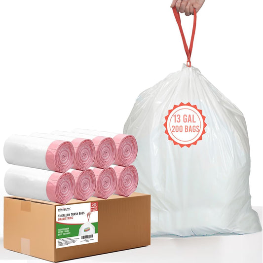 13 Gallon Trash Bags Drawstring, 200 Count, White & Unscented Garbage Bags, Multi-purpose Tall Kitchen Trash Bags Can Liners for Business Home Commercial and Industrial