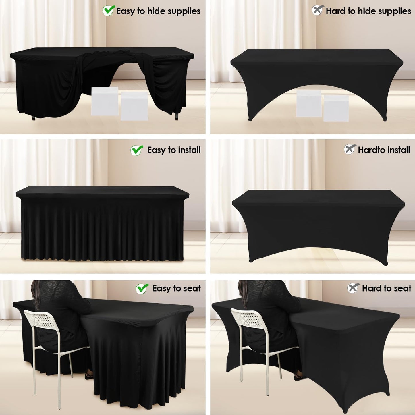 Black Table Skirts for Rectangle Tables 6ft - Spandex Table Cover for 6 Foot Tables,Stretch Tablecloth Washable Wrinkle Resistant Stretch Table Covers, Fitted Tablecloth for Weddings, Party, Events