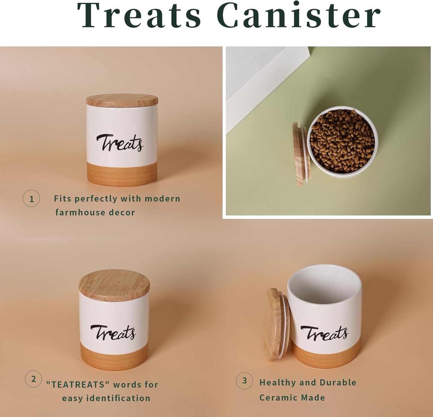 LEETOYI Cat Treat Container with Lid, Ceramic Dog Treat Jars Modern, Farmhouse Kitchen Decor, Cat Treat Storage Caddy Organizer, 4.5 Inch 31oz White