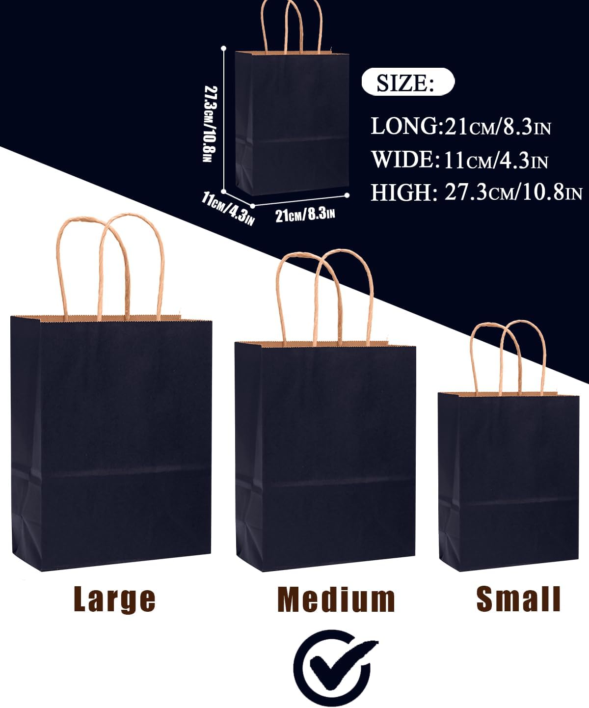 qiqee 100PCS Gift Bag with Handles Bulk Navy Blue Paper Bags Multiple Uses (11"x5"x8" Medium Size)