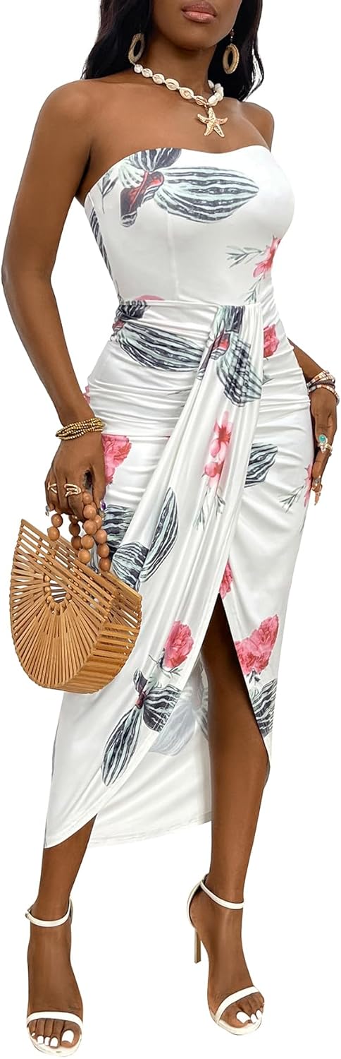 Umenlele Women's Strapless Ruched High Waist Wrap Split Asymmetrical Beach Maxi Long Dress
