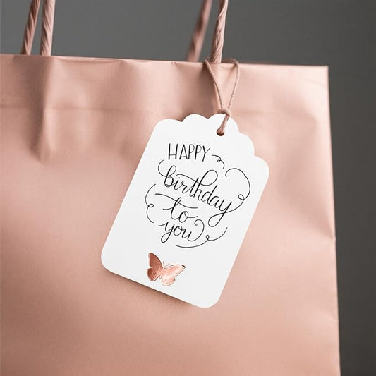 ASYEHJNR 100Pcs Blank Gift Tags with String, Foil Rose Gold Butterfly Large Gift Tags with 65 Ft Jute Twine Cute Tags White Paper Gift Tag for Birthday Baby Shower Wedding Spring Summer Gift Wrap Tag