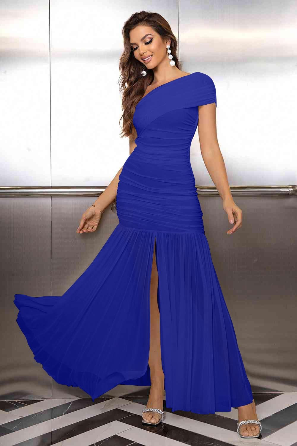LAGSHIAN Women's Elegant Formal Long Dress One Shoulder Sleeveless Ruched Bodycon Evening Dress