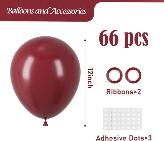 Burgundy Balloons, 66pack 12inch Maroon Latex Party Balloons for Graduation, Thanksgiving Day, Autumn Fall Theme Party, Wedding, Birthday, Valentines, Baby Shower Party Decorations