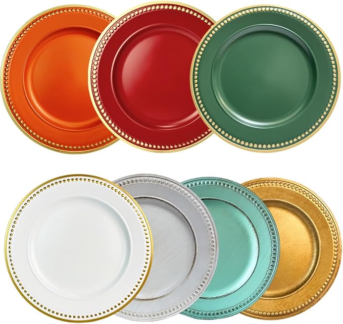 Orange Beaded Charger Plates, Set of 6, 13 Inch Plastic Round Chargers for Dinner Plates, Party, Wedding, Birthday.(Orange. 6)