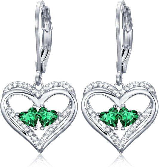 Valentines Day Gifts for Women, Heart Leverback Earrings Double Birthstone Dangle Earrings for Women, Love Jewelry for Her, Anniversary Birthday Gift for Mom Wife Girlfriend