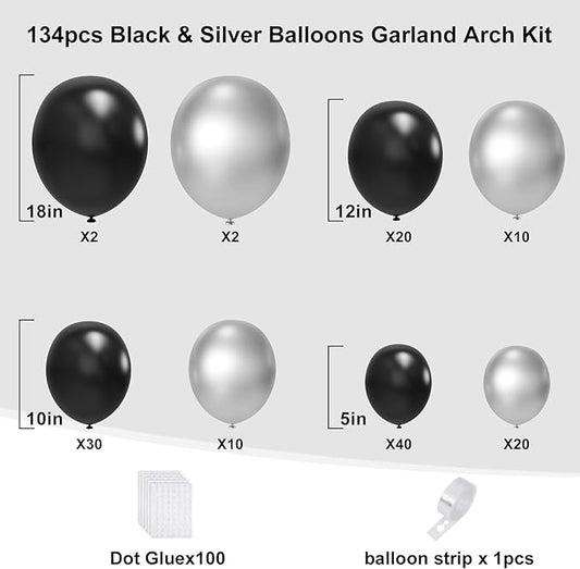 Black and Silver Balloons Arch Garland Kit, 134pcs Metallic Chrome Silver and Black Balloons with Different Size for Birthday, Graduation, Baby Shower, Disco New Years Party Party Decoration…