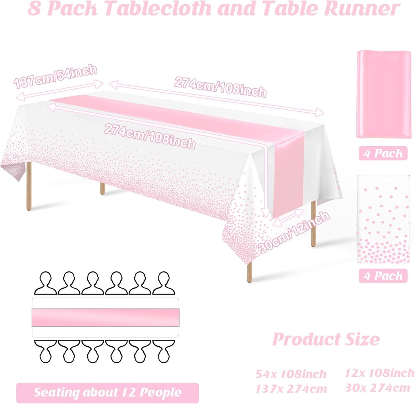 8Pack Disposable Plastic Tablecloths and Satin Table Runner Set White Pink Dot Table Cloth Gold Satin Table Runner for Graduation Wedding Birthday Baby Shower Anniversary Holiday Party Decorations