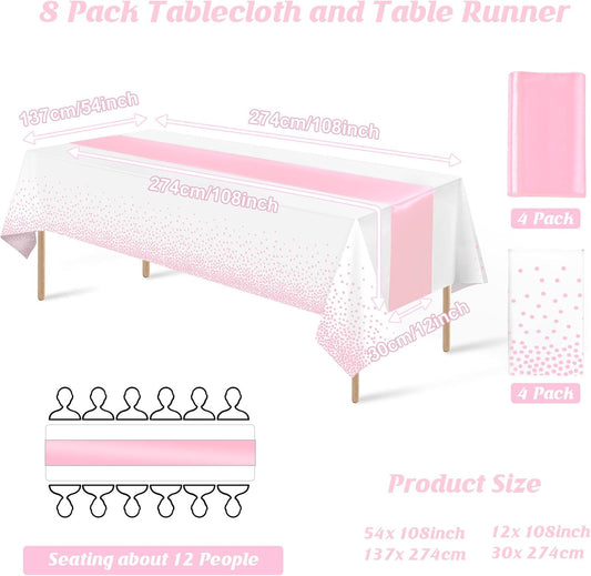 8Pack Disposable Plastic Tablecloths and Satin Table Runner Set White Pink Dot Table Cloth Gold Satin Table Runner for Graduation Wedding Birthday Baby Shower Anniversary Holiday Party Decorations