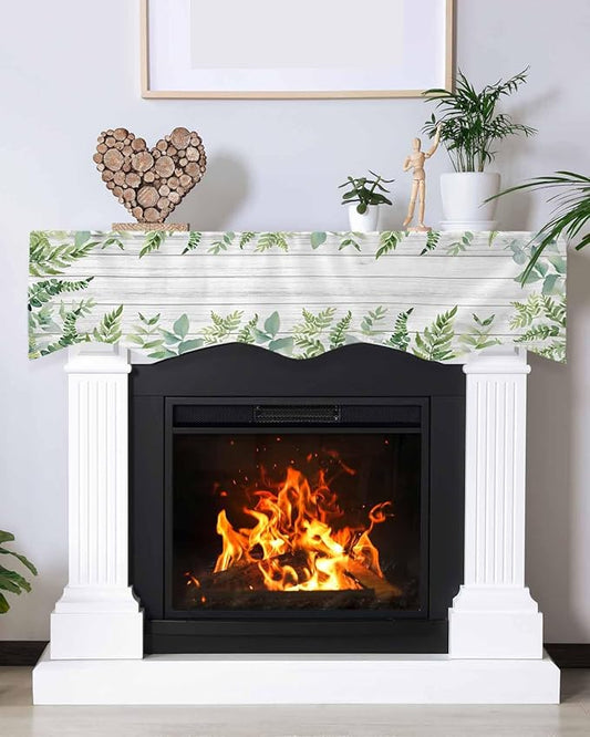 Eucalyptus Leaves Fireplace Mantel Scarf Table Runner, Summer Pastoral Botanical Gray Wooden Winter Garland Mantel Top Tablerunners Dresser Scarves Decorations for Windows Party Living Room 70''x17''
