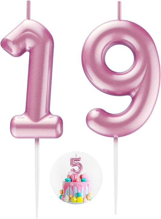 Pink Number 19 Candle Happy Birthday 3D Number Candles for Birthday Cake Party Decoration Wedding Anniversary Celebration Supplies