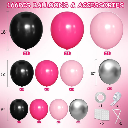 Hot Pink Black Silver Balloon Garland Arch Kit, 166Pcs Red Black Pink Silver Balloons for Birthday Graduation Baby Shower Wedding Anniversary Bachelorette Party Decorations