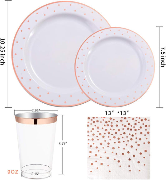 WELLIFE 350 PCS Rose Gold Plastic Plates, Disposable Rose Gold Plates, Includes: 50 Dinner Plate, 50 Dessert Plate, 50 Forks, 50 Knives, 50 Spoons, 50 Cups, 50 Dot Napkins for Weddings and Party