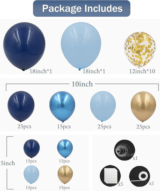 Navy Blue and Gold Balloons Arch Kit, 162pcs Different Sizes with Navy Pastel Blue Chrome Gold Confetti Balloons for 2025 Graduation Prom Anniversary Ocean Baby Shower Birthday Party Decorations