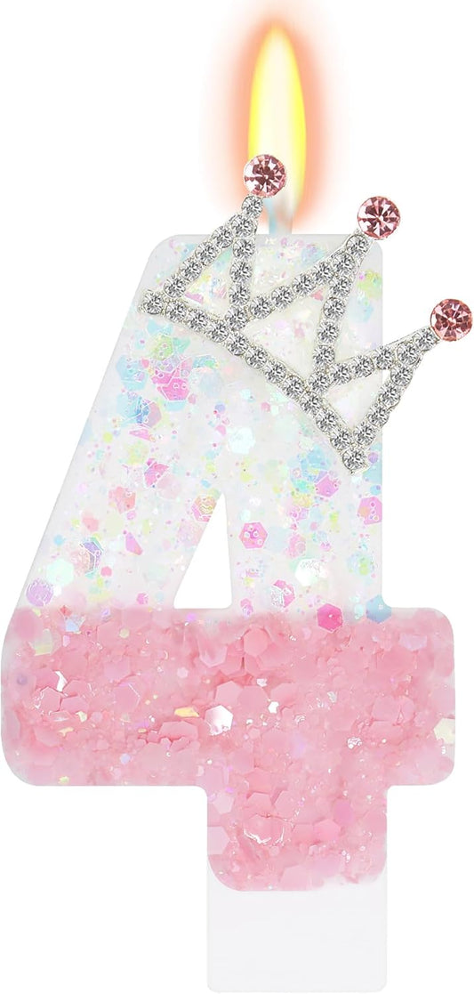 Pink White Number 4 Candle, Glitter Crown Cake Topper, Princess Birthday Party Decorations for Girls and Women Anniversary Celebrations Party Favors