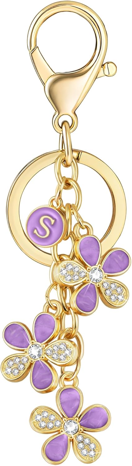 XGALBLA Cute Flower Crystals Rhinestone Initial Letter Keychain for Women, Bag Charms Bling Sparkly Enameled Keychain Handbag