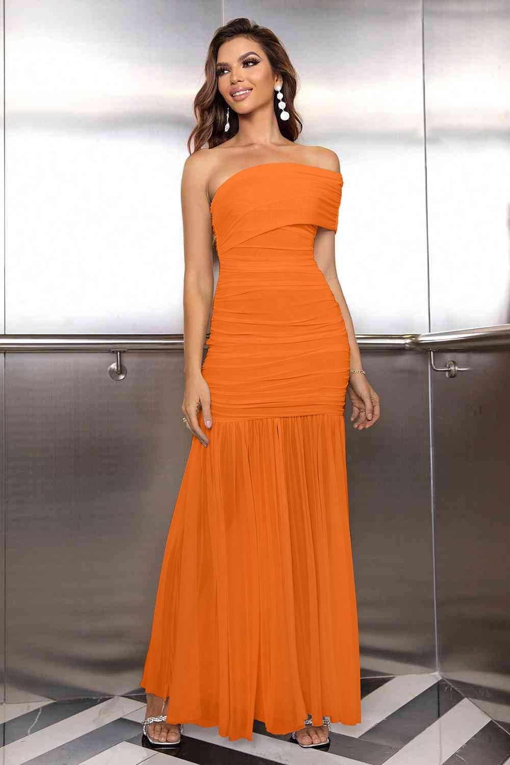 LAGSHIAN Women's Elegant Formal Long Dress One Shoulder Sleeveless Ruched Bodycon Evening Dress