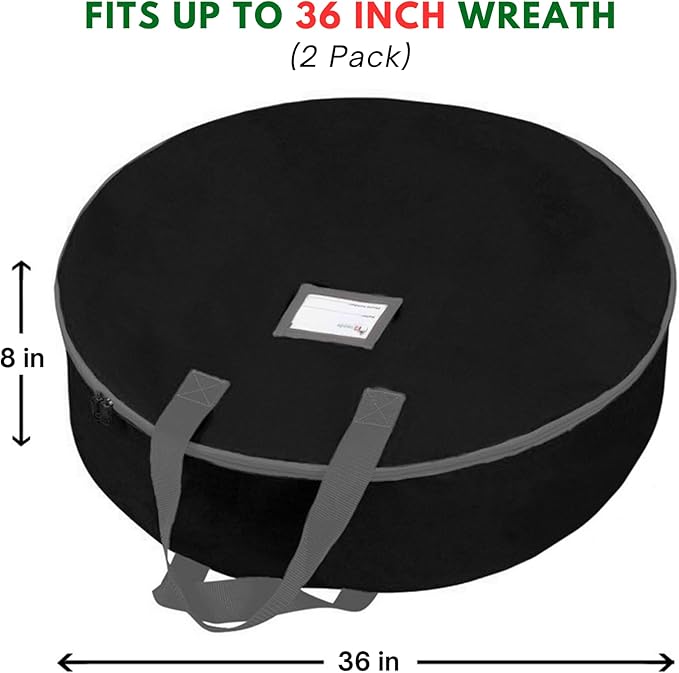 Primode Christmas Wreath Storage Bag 36" - 2 Pack Artificial Wreath Container - Garland Holiday Xmas Wreaths Holder - Sturdy Handles - Inner Straps - Card Slot Zipper Strong Oxford (36 Inch, Black)