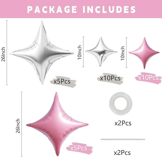 TONIFUL 30Pcs 26In&10In Star Balloons Pink and Silver Four Pointed Star Shape Foil Balloons Mini Star Mylar Balloons for Birthday Wedding Baby Shower Anniversary Engagement Party Decor Supplies