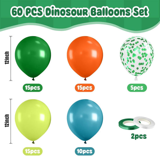 Paready Dinosaur Balloons Set, 60Pcs Green Orange Dino Balloons, 12 Inch Helium Fruit Green Orange Blue Confetti Latex Balloon for Dinosaur Themed Party Decoration Supplies