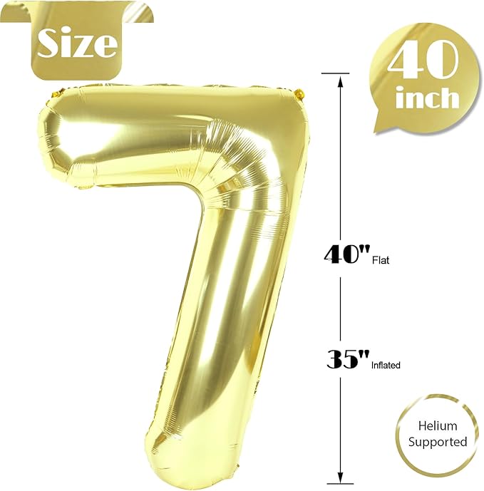 Light Gold Number 7 Balloon 40 Inch, 7th Birthday Party Decorations for Children, Giant 7 Foil Balloon for Party Supplies