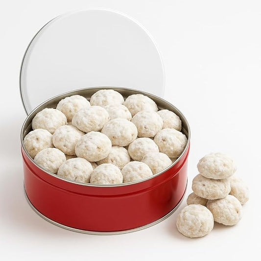 Premium Butter Pecan Meltaway Cookies in Gift Tin – 32 oz – Powdered Sugar Snowball Cookies with Real Pecans – Holiday Gift, Parties & Sharing