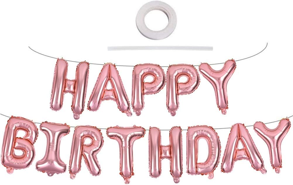 TONIFUL Rose Gold Happy Birthday Balloons Banner, 16 Inch Mylar Foil Letters Birthday Sign Banner Ballon Bunting Reusable for Girls Boys Kids & Adults Birthday Decorations and Party Supplies