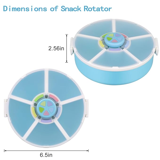 Snack Rotator Container Reusable Snack Box with 5 Compartment Dispenser and Lid, Color Matching Opening Lid, BPA and PVC Free, for Home, School, Travel (2 Pack- Blue)