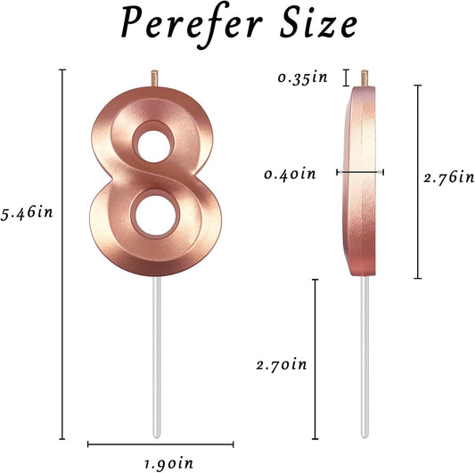Rose Gold Number 8 Candles, 3D Diamond 2.76 Inch Cake Topper Birthday Candles for Wedding Anniversary Cake Decorations, Happy Birthday Party Decorations