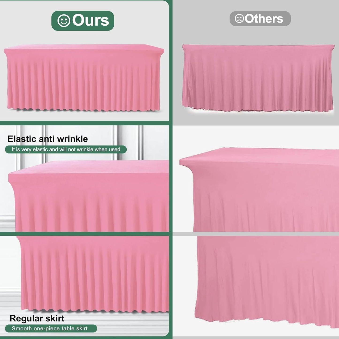 Table Skirts for Rectangle Tables 8ft - One-Piece Pink Tablecloths and Skirt, Wrinkle Resistant Ruffles Elastic Cover for Banquets, Weddings, Events, Parties