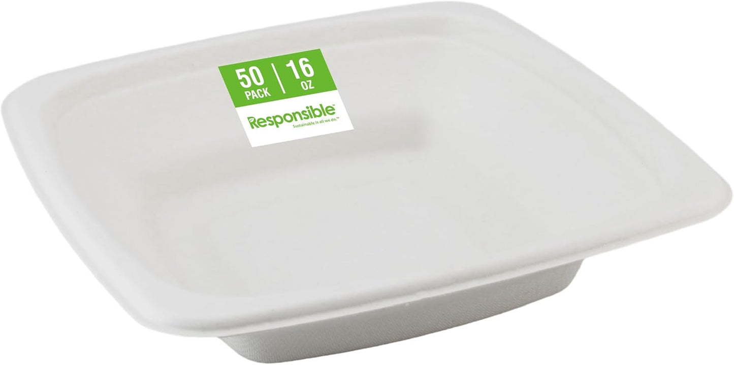 100% Compostable Square Serving Bowls, 16 oz Disposable Paper Bowls, Microwave Safe, Freezer Safe, Soup Safe, No Plastic, Eco-Friendly, Tree-Free, No PFAS. White (50 Count)