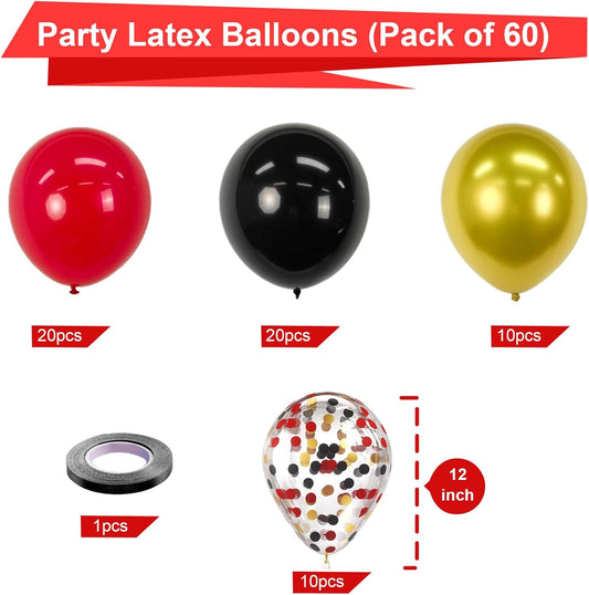 Bezente Red Black and Gold Latex Balloons,60pcs 12 inch Red Black Gold Metallic Chrome Confetti Balloons for Birthday, Wedding, Graduation, New Year, Casino Theme Party Decoration