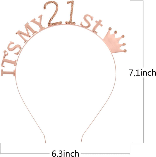 21st Birthday Sash and Tiara for Girl,Rhinestone Crown Headband,It's My 21st Birthday Party Gifts for Women(Rose Gold)