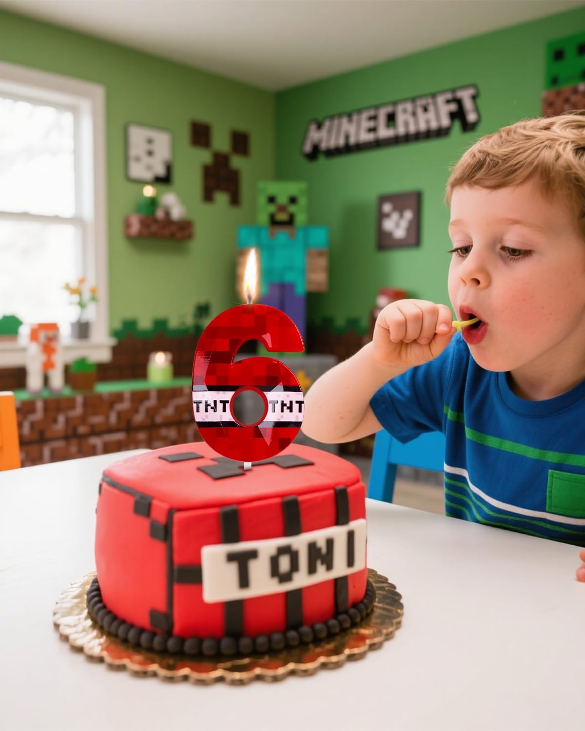 Pixel Birthday Candle, 2.68 Inch Miner Number Candles, Game Themed Candle Birthday Decoration for Pixel Theme Birthday Anniversary Dynamite Video Game Party (Red, 6)