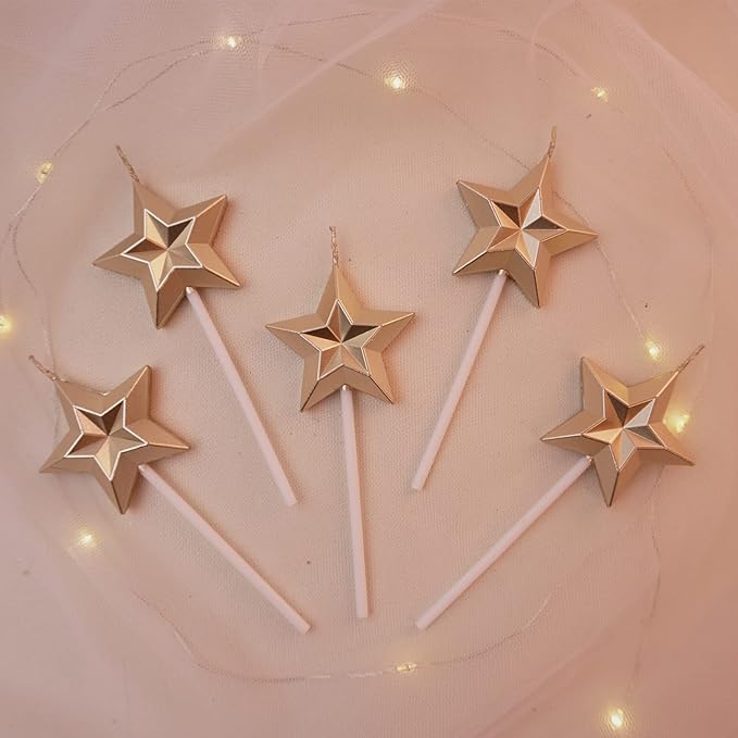 Saododku Birthday Candles, Star Shaped Champagne Gold Birthday Candles for Cake, 5pcs Metallic Color Stereo Shaping Cake Candles Set, Sparkler Candles for Birthday Cake