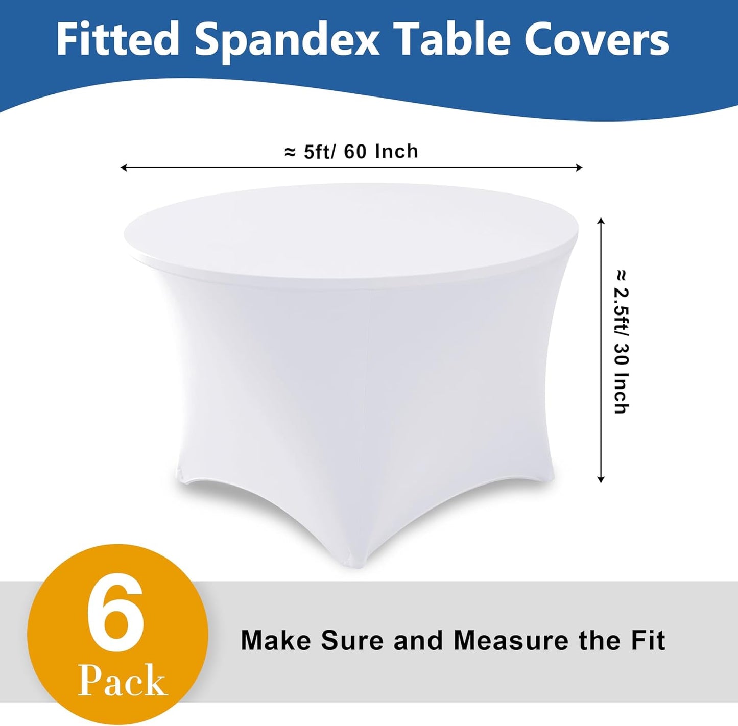 Fitted Round Table Covers 5ft-Spandex Elastic Table Cloths 6 Pack 60 Inch-White Small Stretch Folding Tablecloth for Weddings Banquets Restaurant Buffet Event Parties Vendor Stand Tables