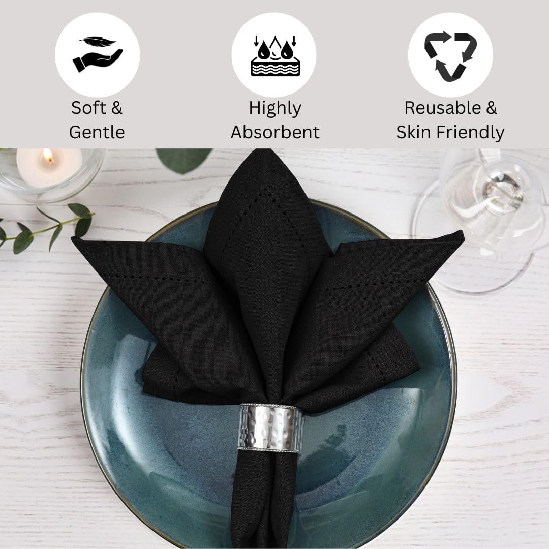 Hemstitch Cloth Dinner Napkins 100% Cotton Set of 12 - for Dining Special Occasions Weddings Parties Holidays Easter - Soft Durable Reusable - 18x18 Inch Table Cloth Napkins Black
