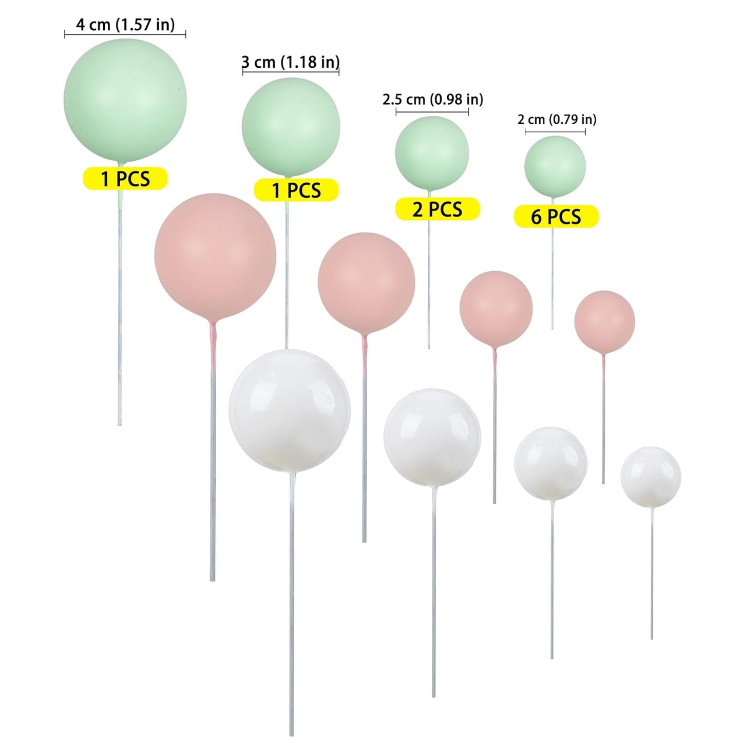 Gyufise 30Pcs Ball Cake Topper Decorations Mini Balloons Cake Topper Sticks Foam Balls Cake Picks Cake Topper Balls Cake Decorations for Wedding Party Birthday Cake Decorating White Green Pink
