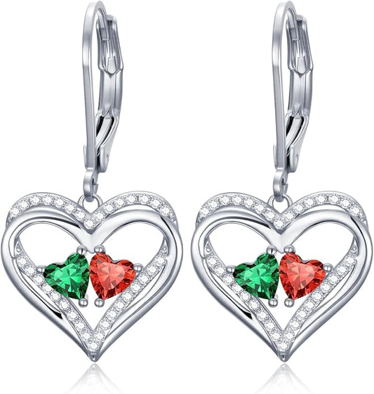 Valentines Day Gifts for Women, Heart Leverback Earrings Double Birthstone Dangle Earrings for Women, Love Jewelry for Her, Anniversary Birthday Gift for Mom Wife Girlfriend