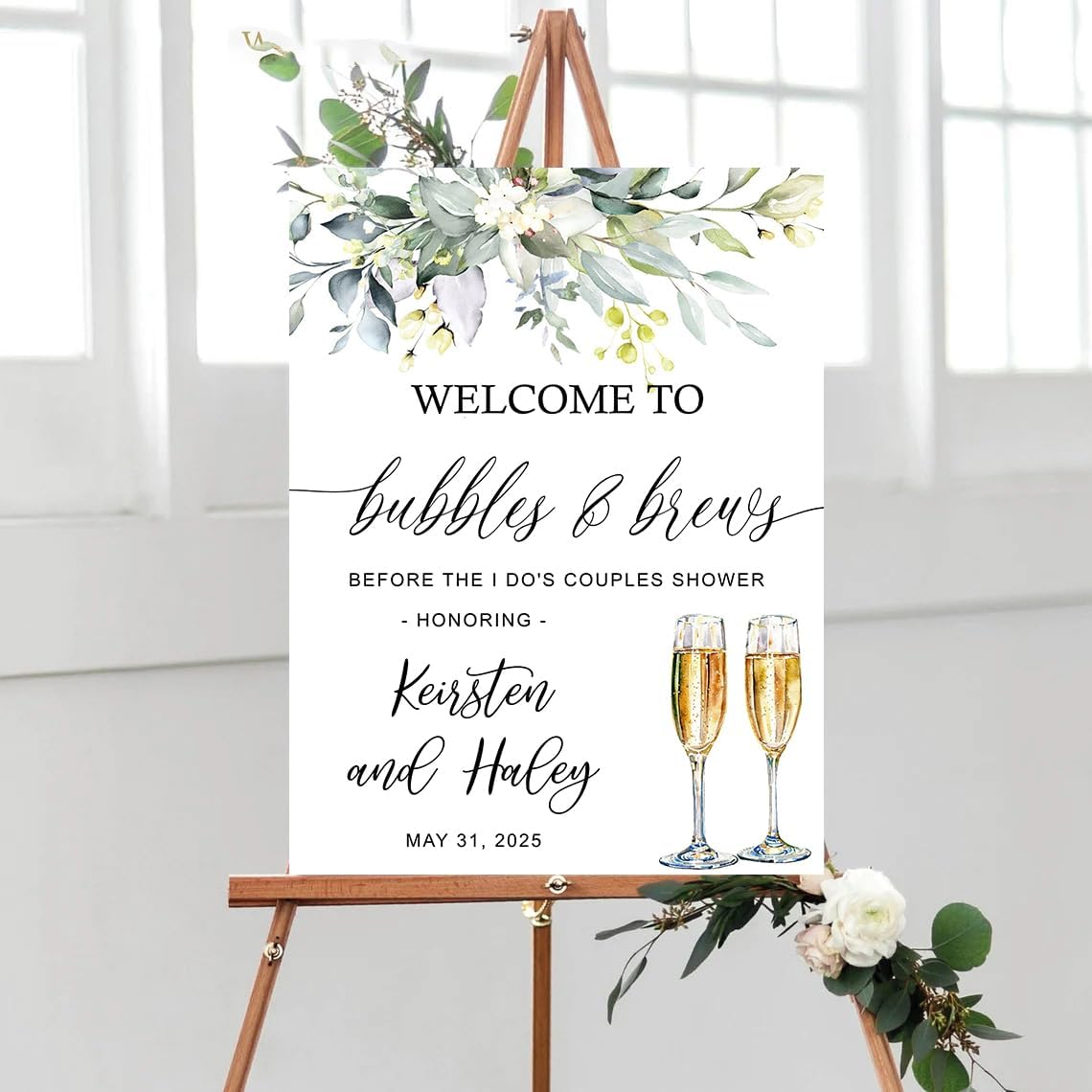 Personalized Greenery Eucalyptus Bubbles and Brews Couples Shower Welcome Sign, Gold Modern Minimalist Wedding Shower Bridal Party Decoration, Outdoor Plastic Sign Weatherproof #1