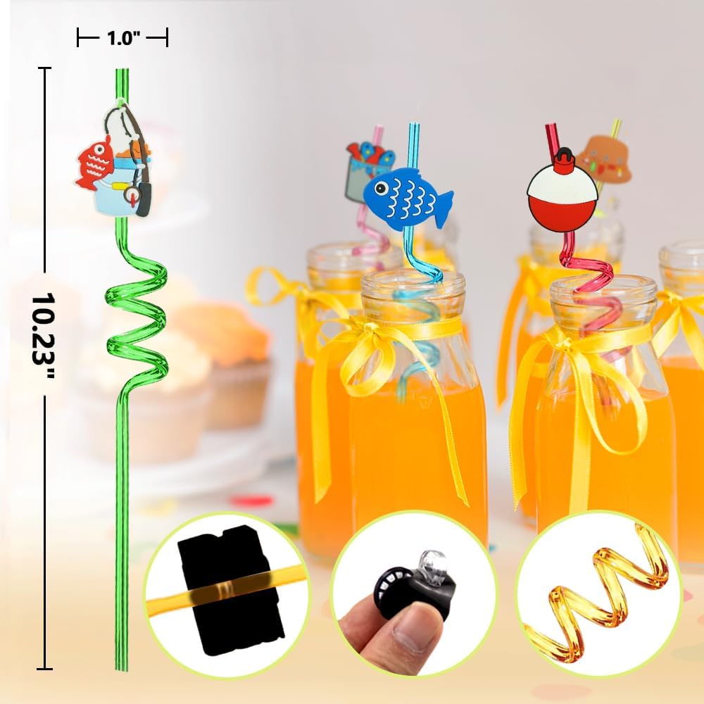 24PCS Fishing Party Favors,Summer Fishing Themed Birthday Party Supplies，Kids Daily Drinking Straws,Birthday Parties,Class Reunions,With 2 Cleaning Brushes.(8color)