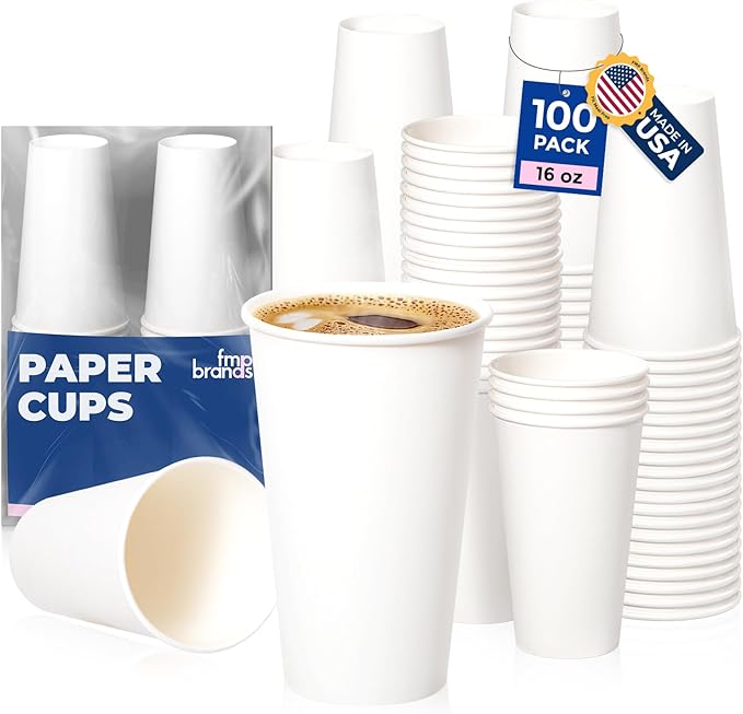 Fit Meal Prep 100 Pack 16 oz Disposable Paper Coffee Cups, Premium Hot Cups for Hot/Cold Beverage, Durable Thickened White Paper Cup Bulk for Party, Office, Bussines, Cafes, Bistros, Daily Use