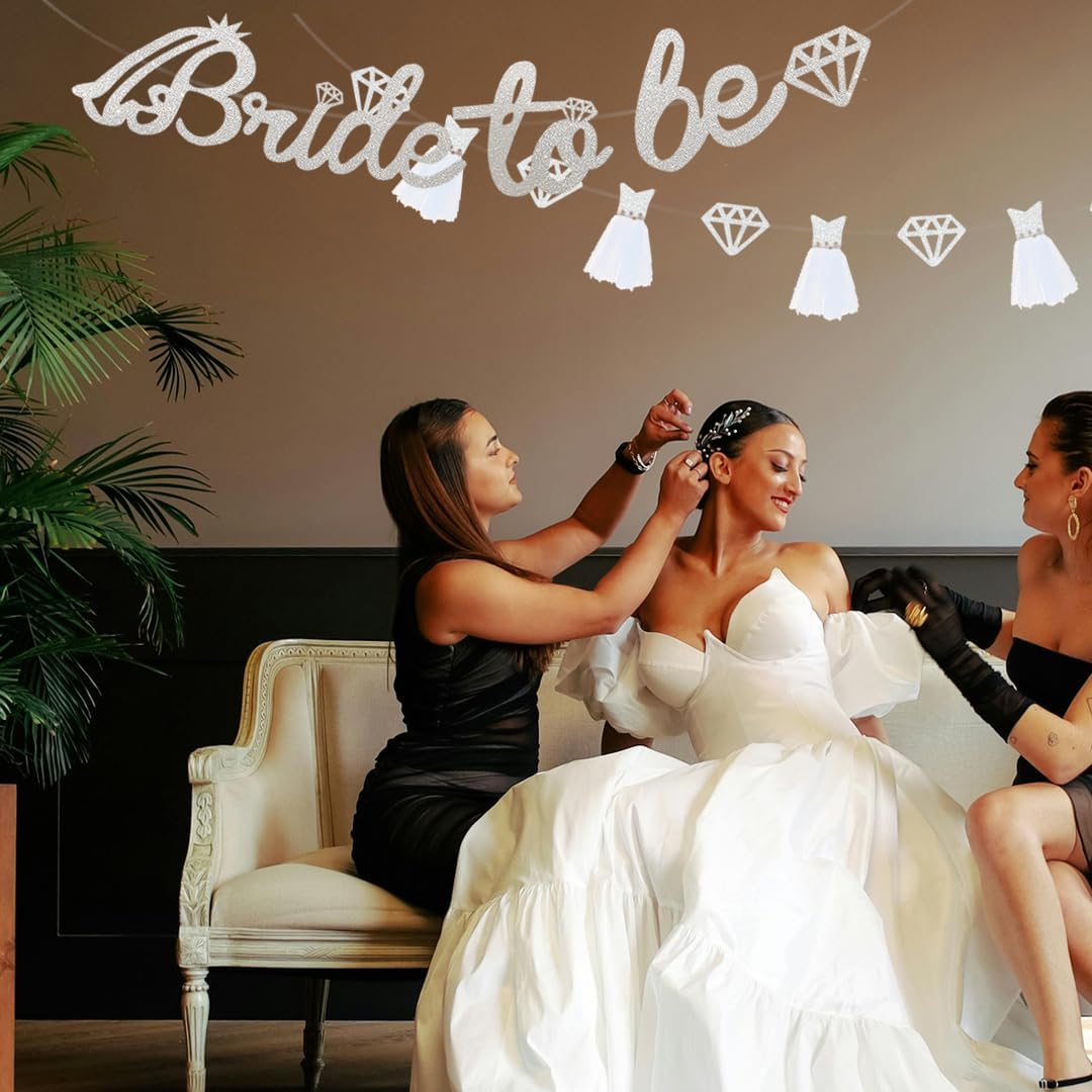 Bride To Be Banner Silver Glitter Wedding dress Banner for Bachelorette Party Decoration Engagement Bridal Shower Supplies