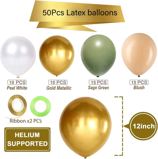 Sage Green Gold White Latex Balloons,50 Pcs 12 Inch Green and blush Gold Party Balloons For Birthday Engagement Wedding Anniversary Party Decorations