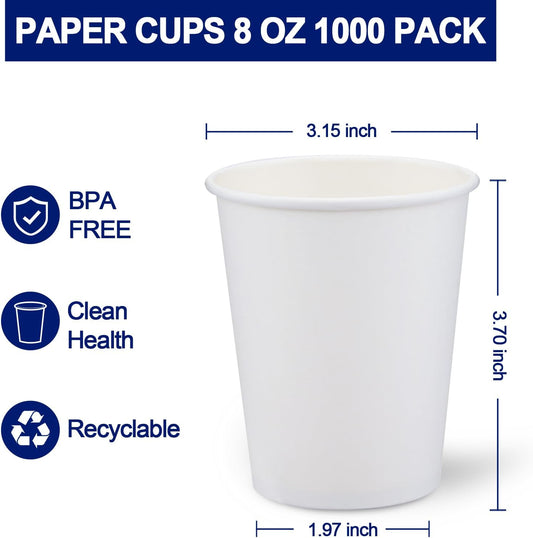 1000 Count Paper Cups 8 oz, Disposable Coffee Cups Bulk, Thickened Durable Drinking Cups for Hot or Cold Beverage, Home, Office, Party, Business, Events