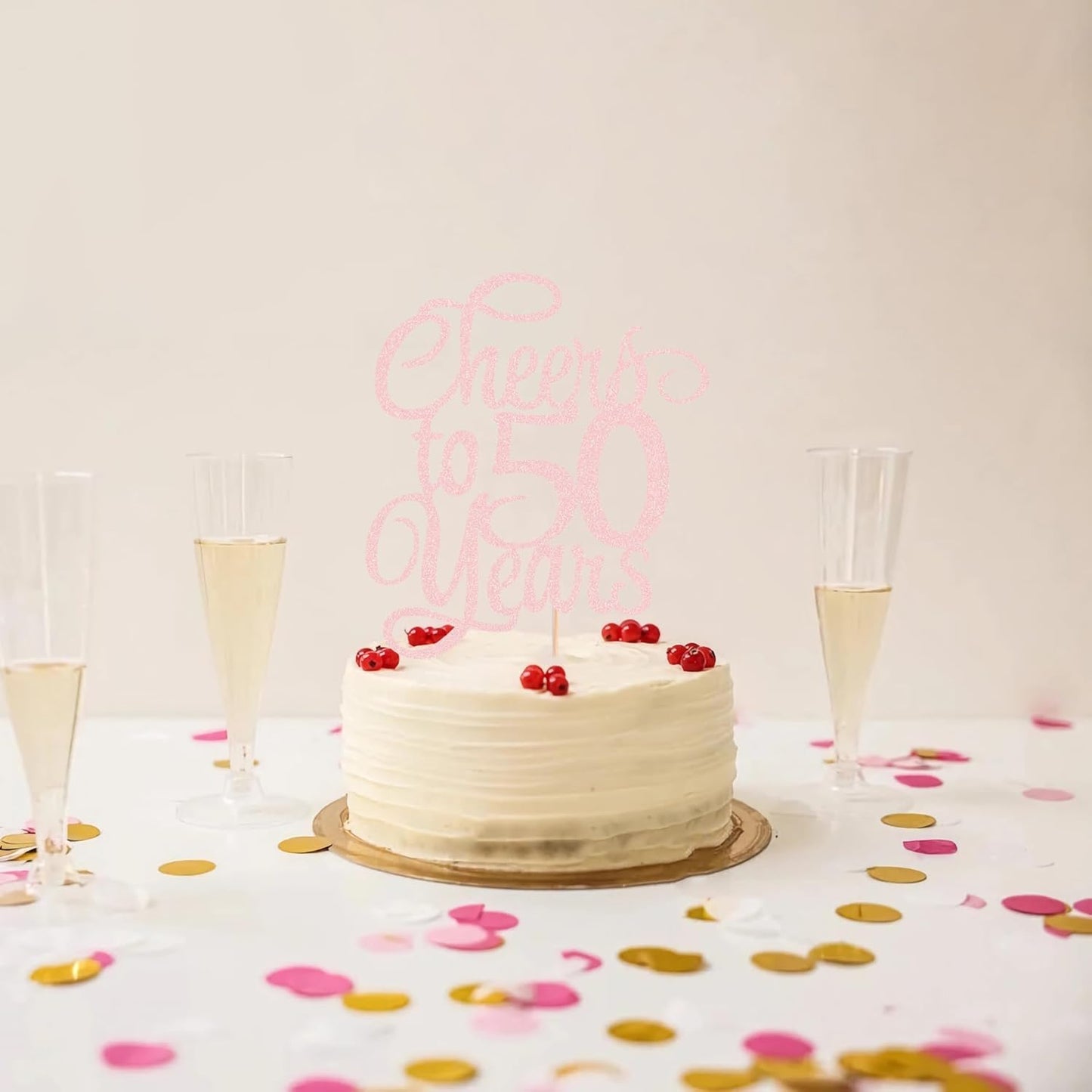 Cheers to 50 Years Cake Topper - Light Pink Glitter 50th Birthday Cake Decorating Supplies, Perfect for 50th Anniversary or Fifty Birthday Party, Photo Booth Props