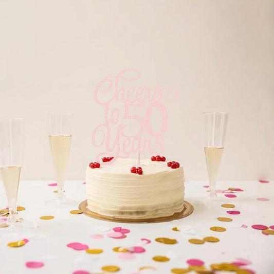 Cheers to 50 Years Cake Topper - Light Pink Glitter 50th Birthday Cake Decorating Supplies, Perfect for 50th Anniversary or Fifty Birthday Party, Photo Booth Props