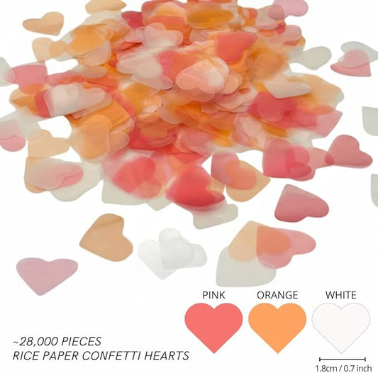 Biodegradable Rice Paper Heart Confetti, 28000 Pieces, Water-Soluble Wedding Toss Confetti, White or Sunset Mix, 150G Bulk (Mixed Coral (Pink, Orange, White))